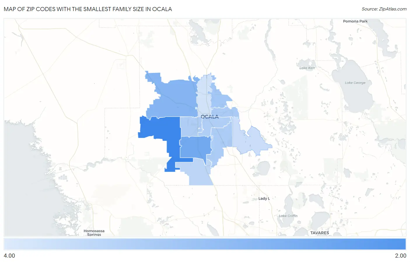 Zip Codes with the Smallest Family Size in Ocala Map