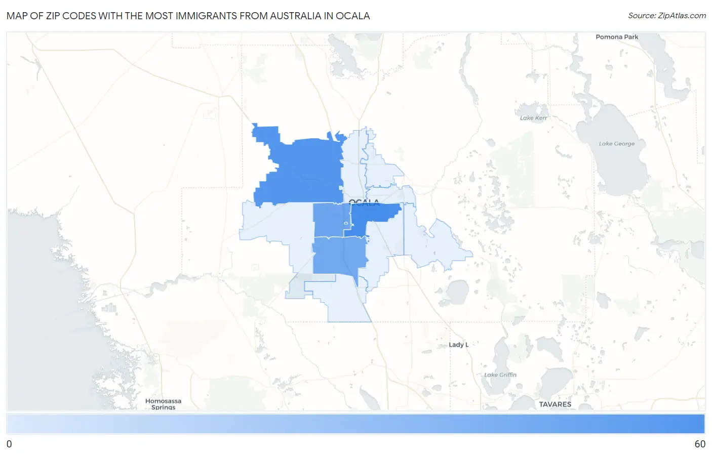 Zip Codes with the Most Immigrants from Australia in Ocala Map