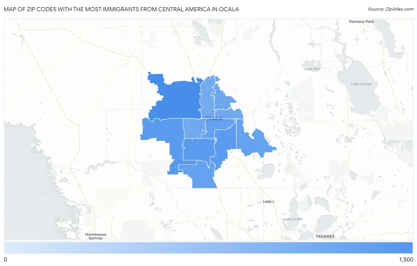 Zip Codes with the Most Immigrants from Central America in Ocala Map