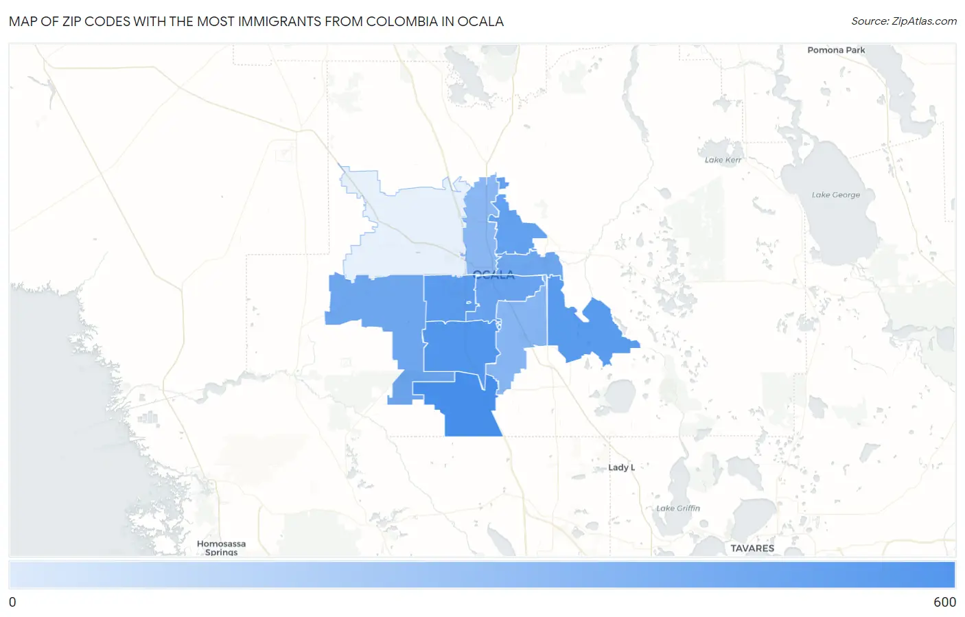 Zip Codes with the Most Immigrants from Colombia in Ocala Map