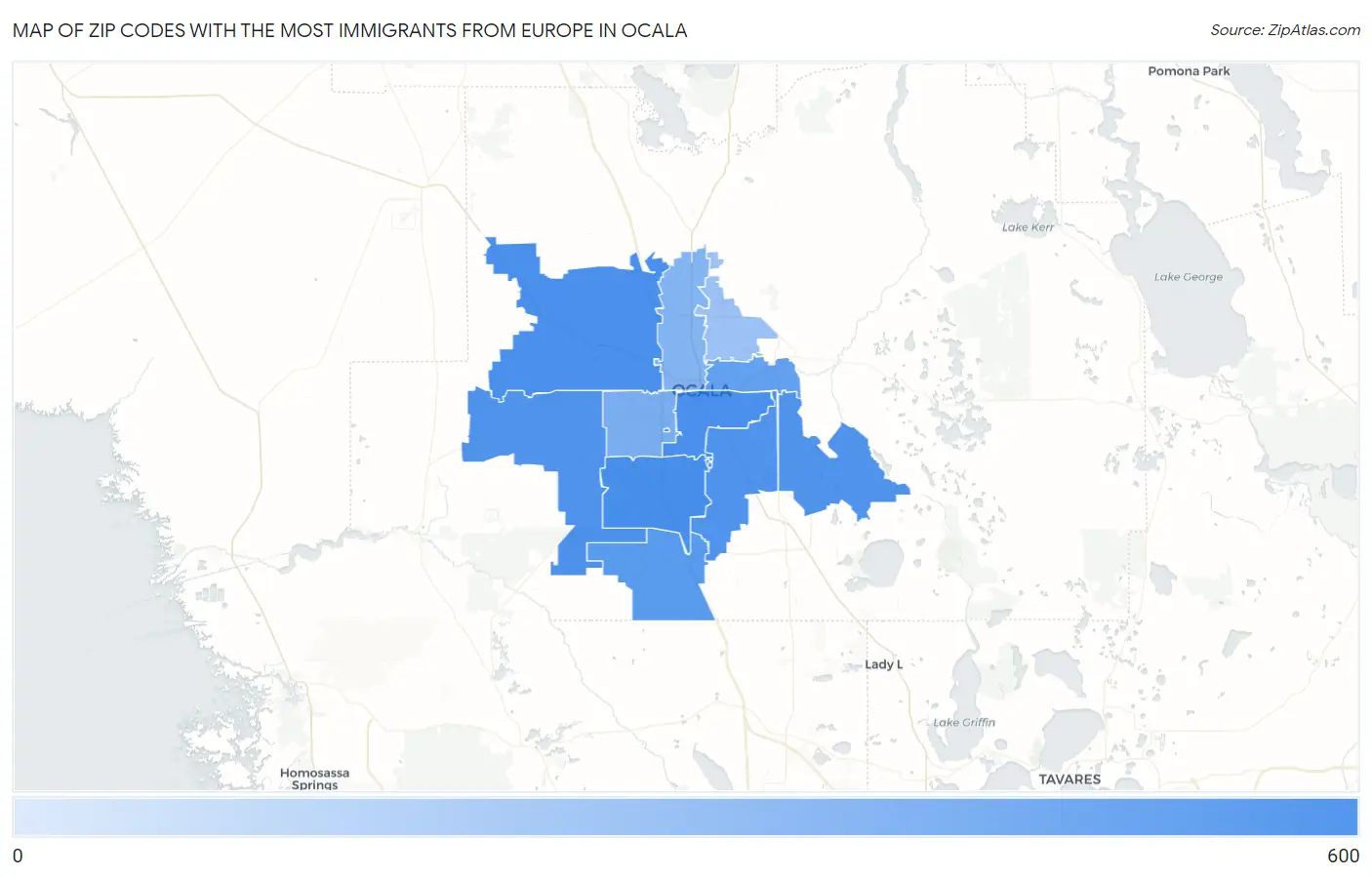 Zip Codes with the Most Immigrants from Europe in Ocala Map