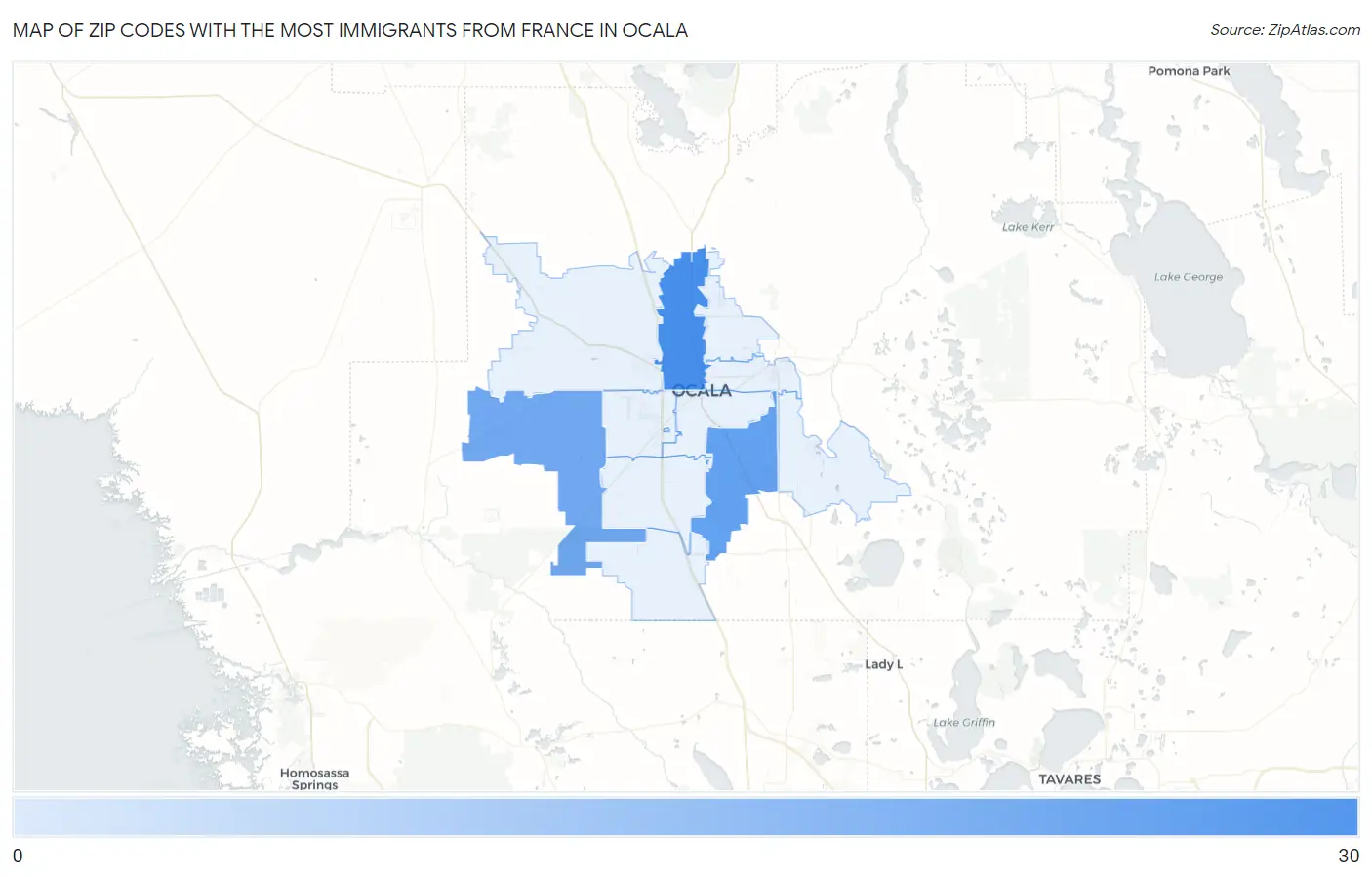 Zip Codes with the Most Immigrants from France in Ocala Map