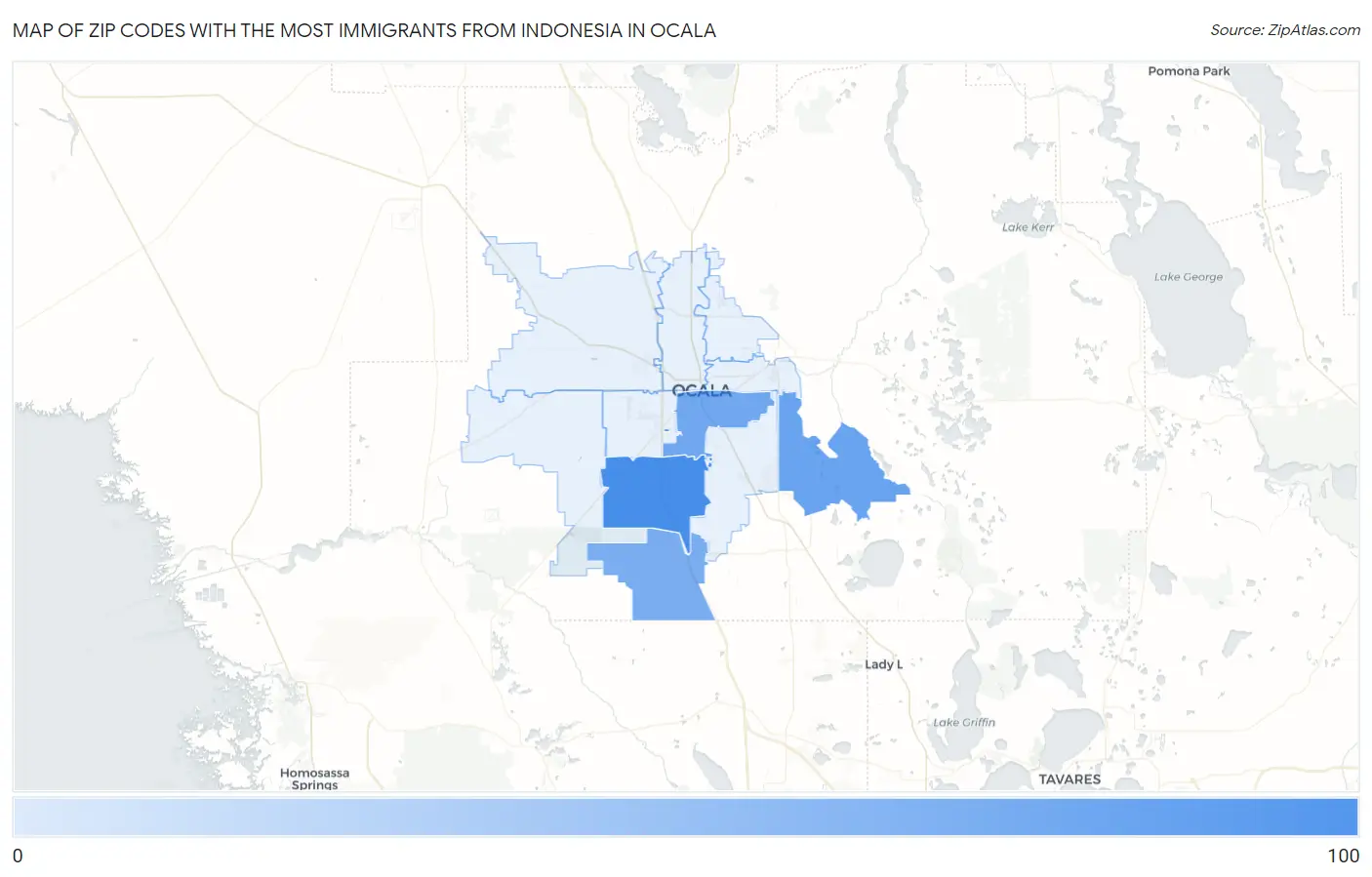 Zip Codes with the Most Immigrants from Indonesia in Ocala Map