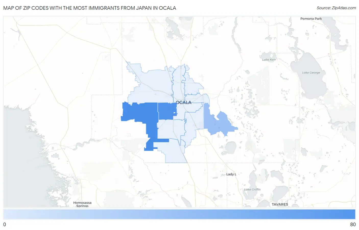 Zip Codes with the Most Immigrants from Japan in Ocala Map