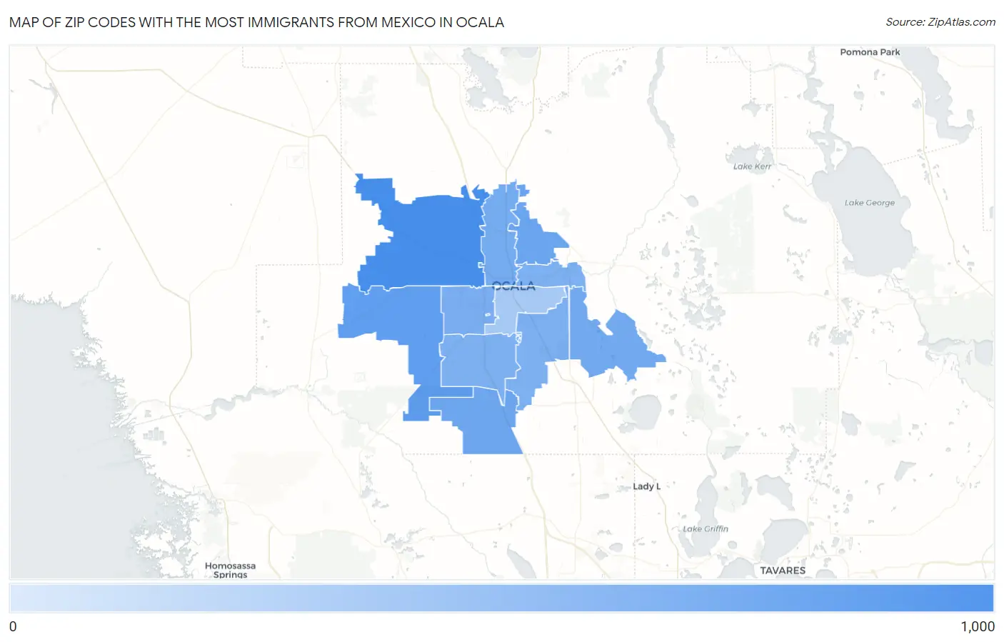 Zip Codes with the Most Immigrants from Mexico in Ocala Map