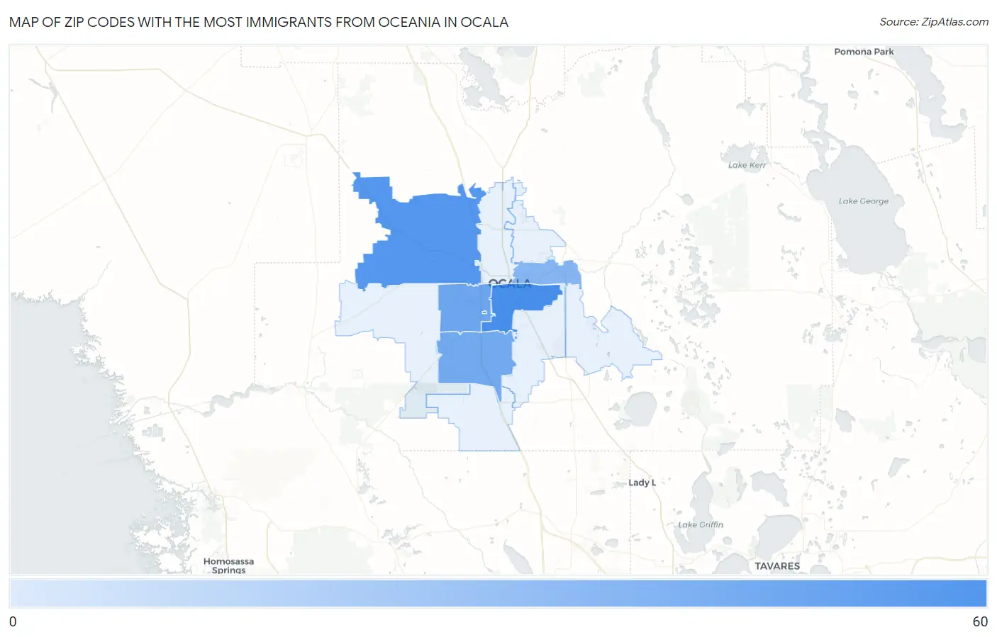 Zip Codes with the Most Immigrants from Oceania in Ocala Map