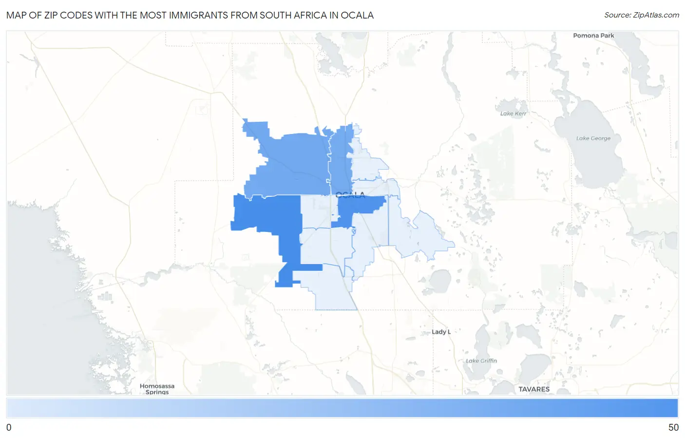 Zip Codes with the Most Immigrants from South Africa in Ocala Map