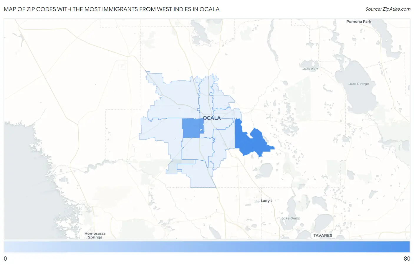 Zip Codes with the Most Immigrants from West Indies in Ocala Map