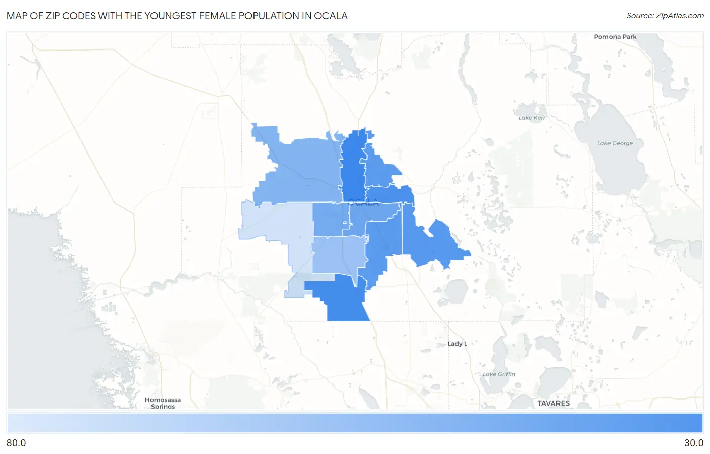 Zip Codes with the Youngest Female Population in Ocala Map
