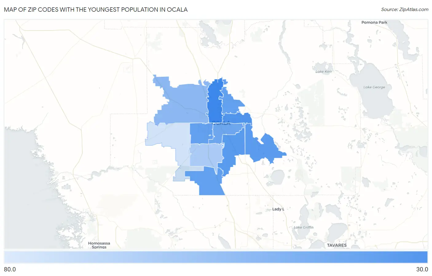 Zip Codes with the Youngest Population in Ocala Map