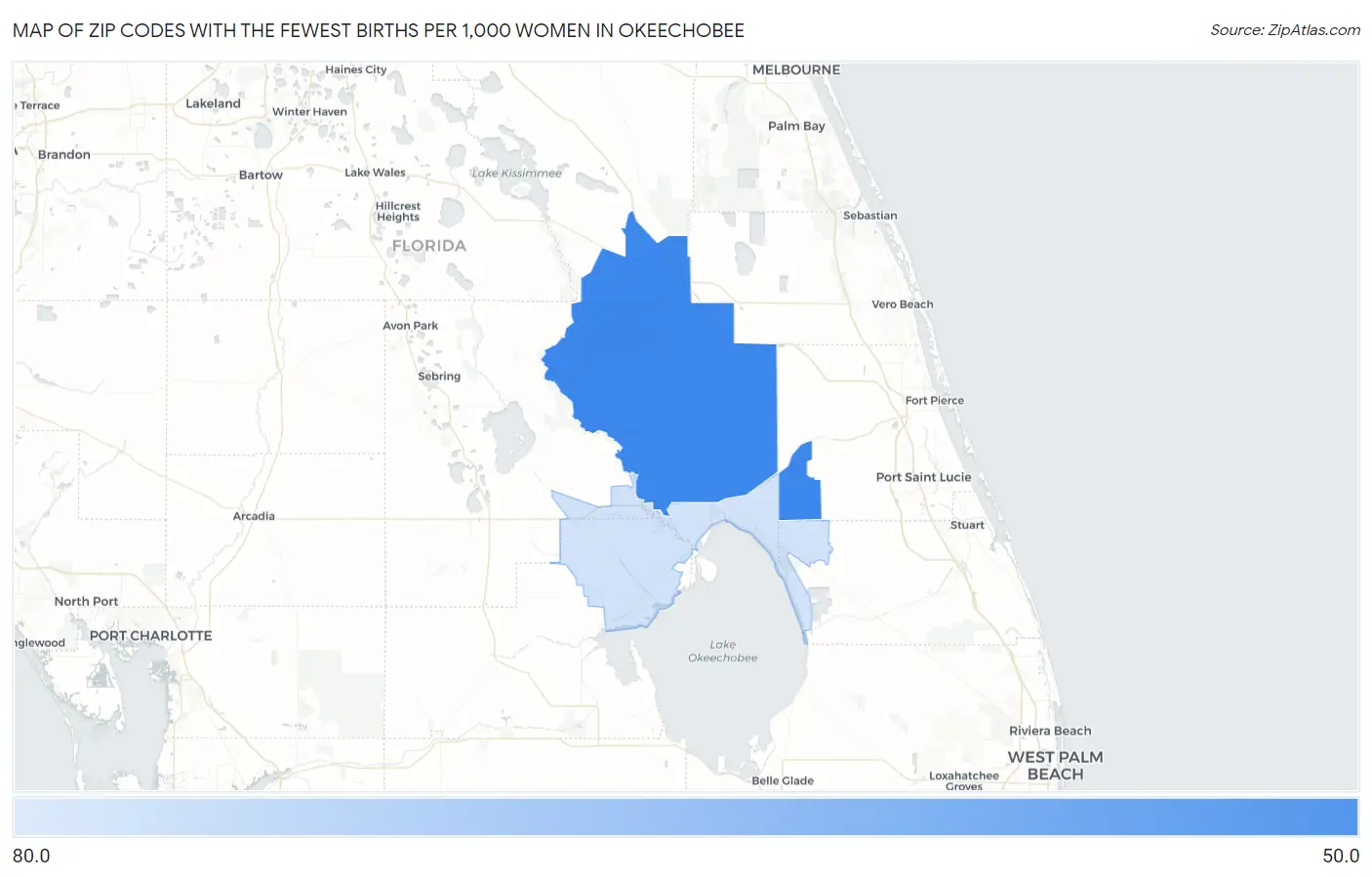 Zip Codes with the Fewest Births per 1,000 Women in Okeechobee Map