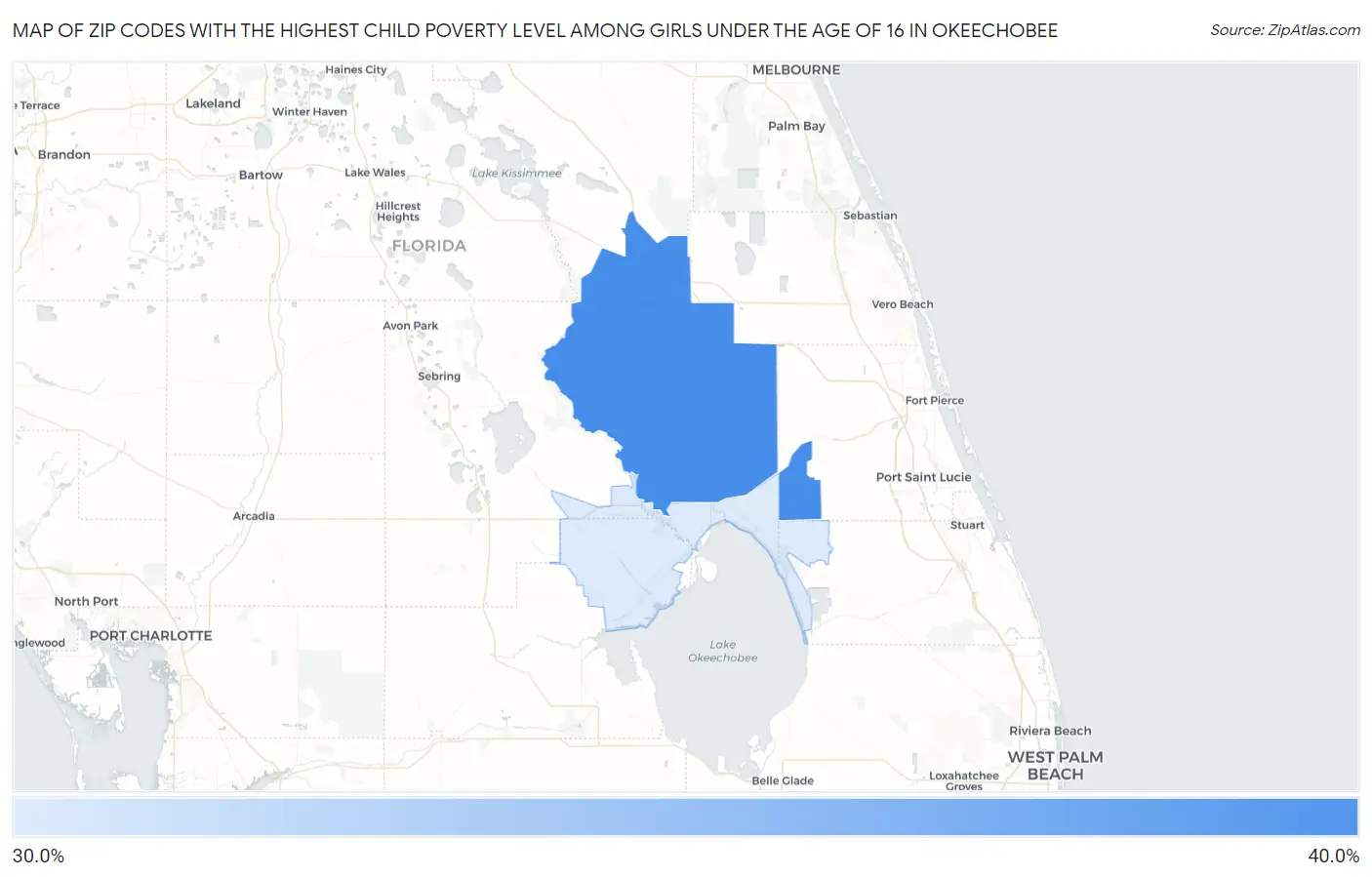 Zip Codes with the Highest Child Poverty Level Among Girls Under the Age of 16 in Okeechobee Map