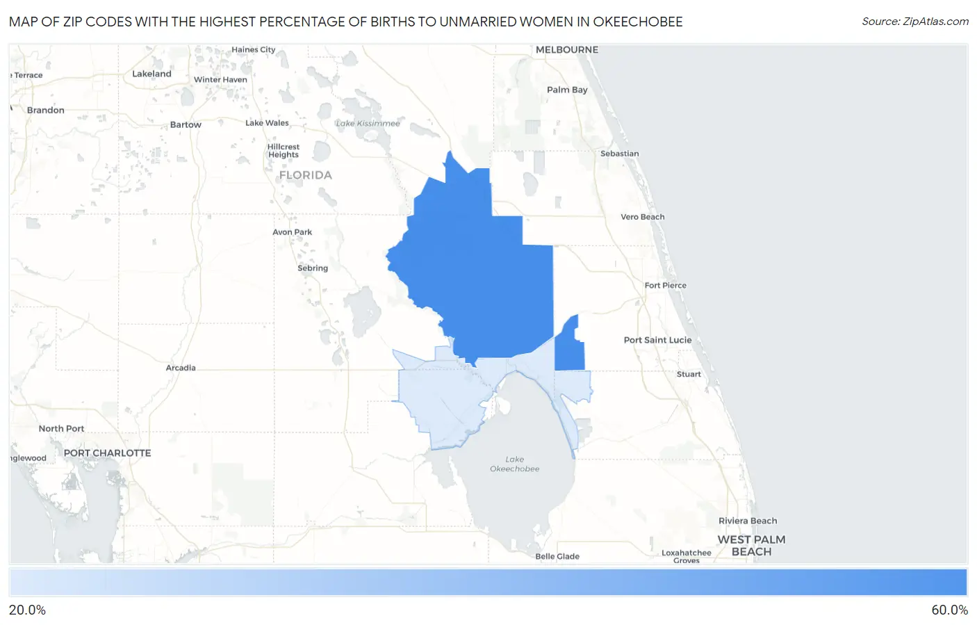 Zip Codes with the Highest Percentage of Births to Unmarried Women in Okeechobee Map