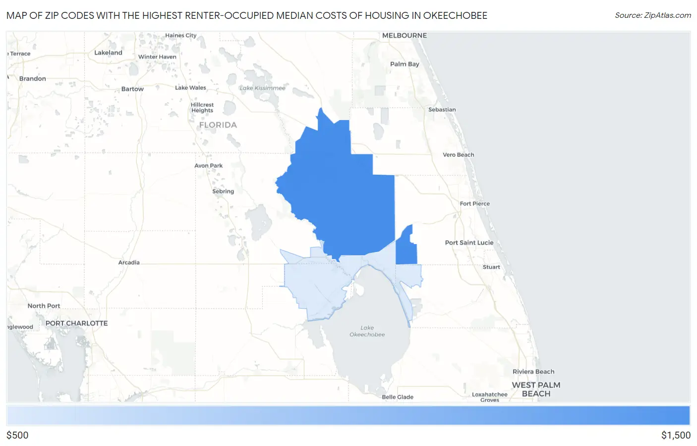 Zip Codes with the Highest Renter-Occupied Median Costs of Housing in Okeechobee Map