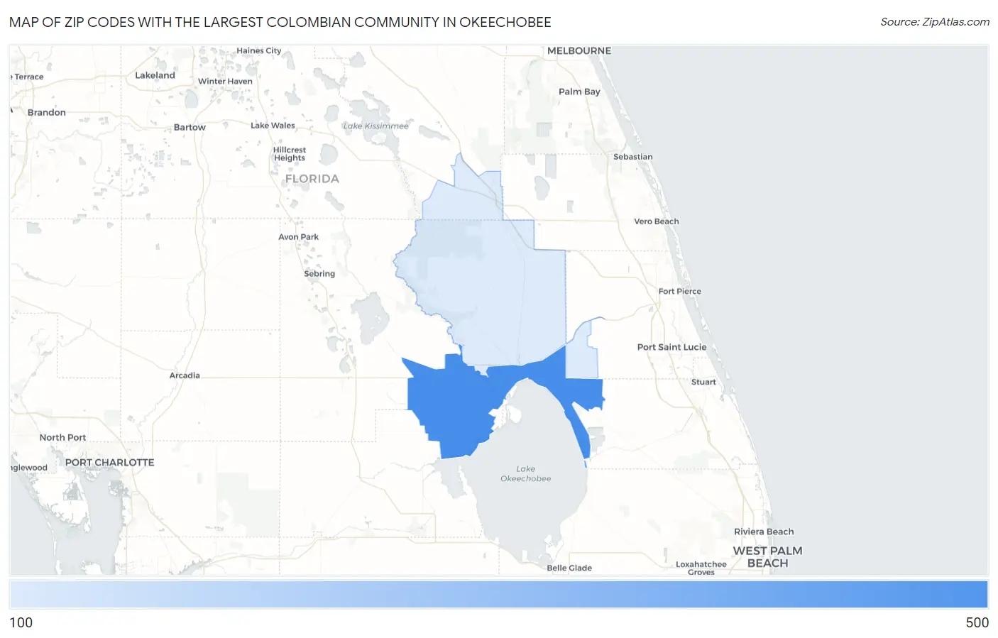 Zip Codes with the Largest Colombian Community in Okeechobee Map