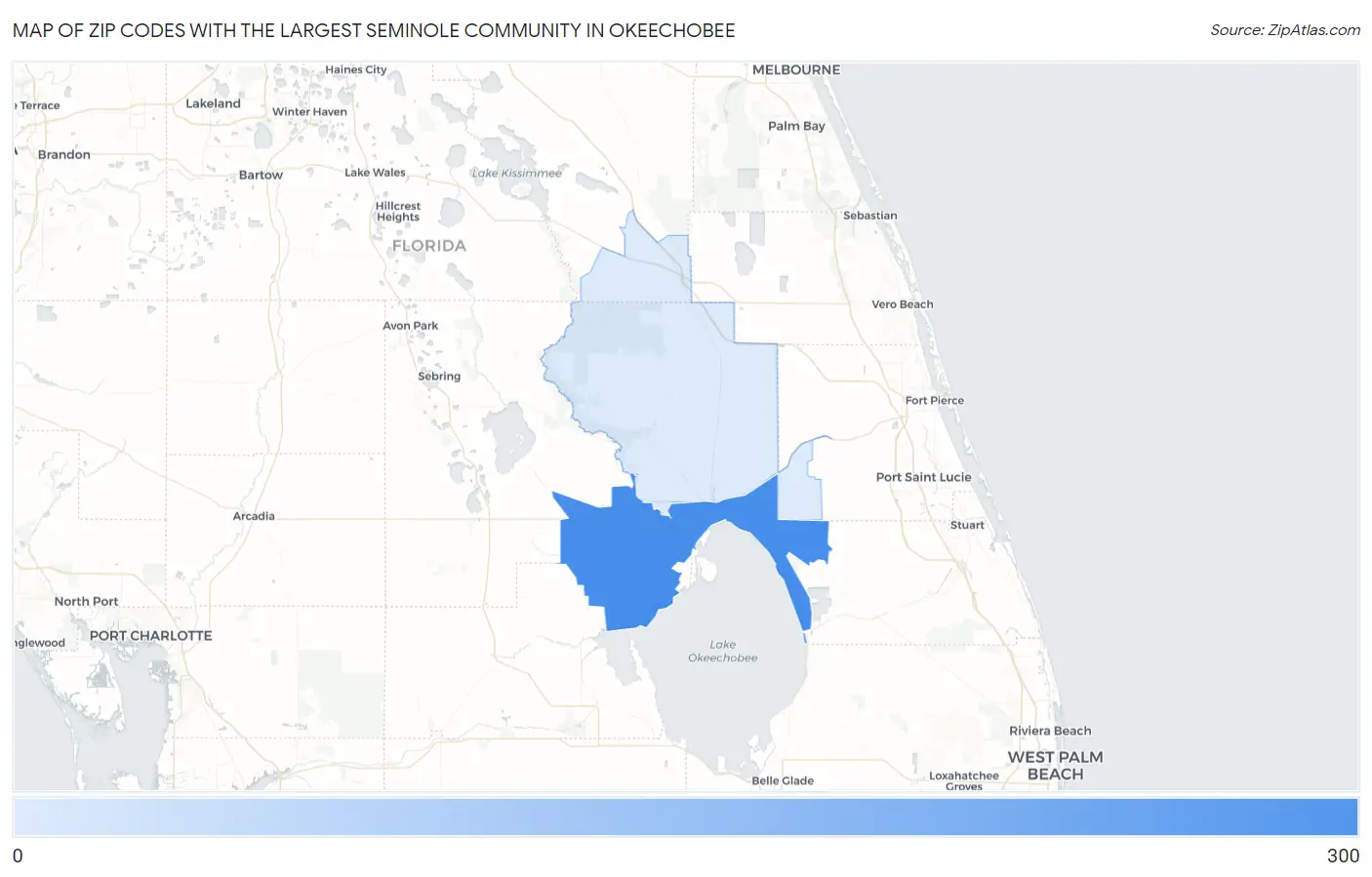 Zip Codes with the Largest Seminole Community in Okeechobee Map