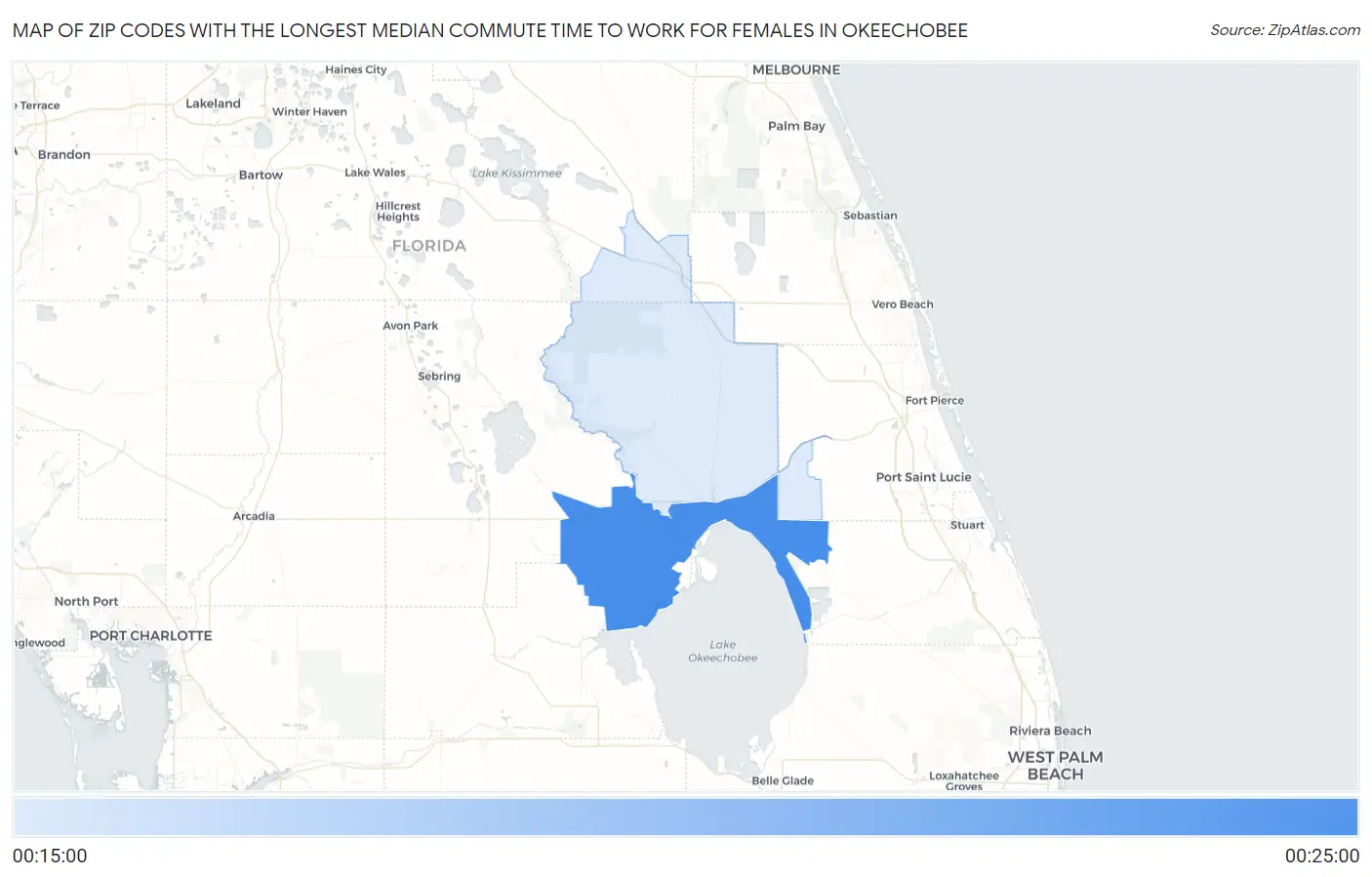 Zip Codes with the Longest Median Commute Time to Work for Females in Okeechobee Map