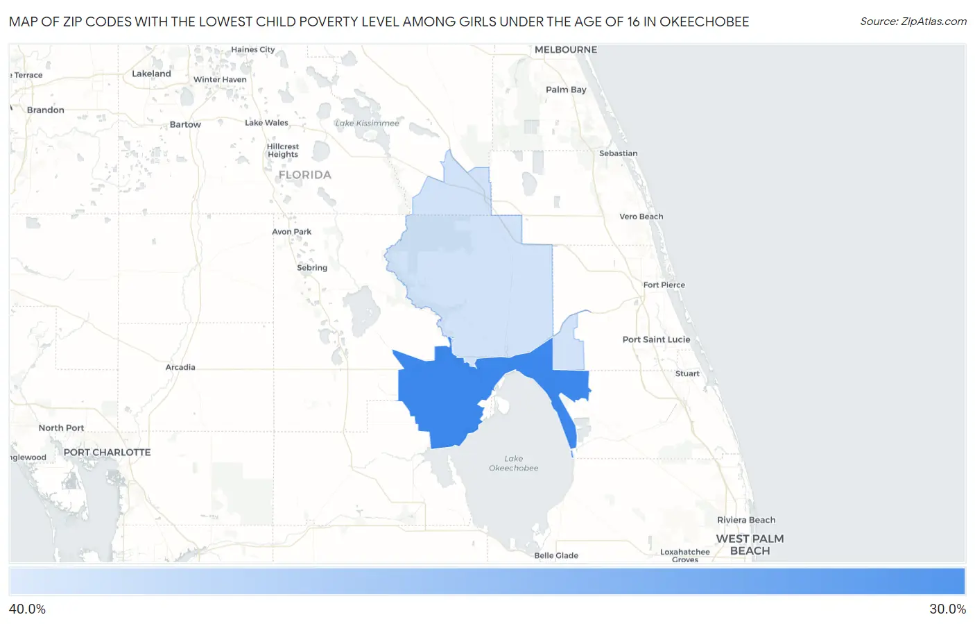 Zip Codes with the Lowest Child Poverty Level Among Girls Under the Age of 16 in Okeechobee Map