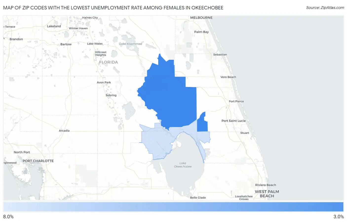 Zip Codes with the Lowest Unemployment Rate Among Females in Okeechobee Map