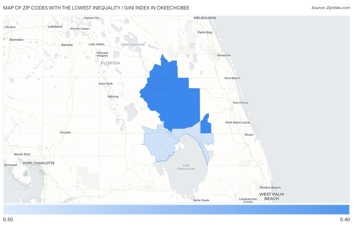 Zip Codes with the Lowest Inequality / Gini Index in Okeechobee Map