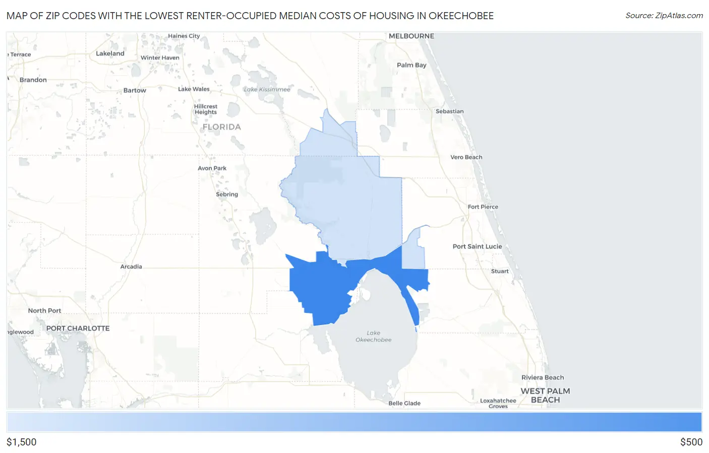 Zip Codes with the Lowest Renter-Occupied Median Costs of Housing in Okeechobee Map