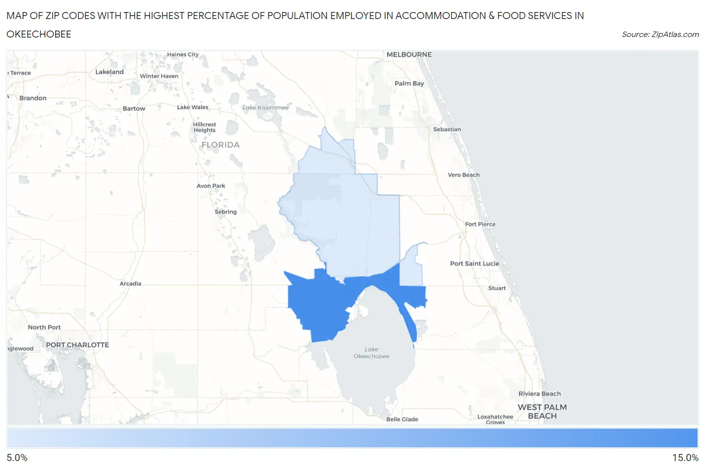 Zip Codes with the Highest Percentage of Population Employed in Accommodation & Food Services in Okeechobee Map
