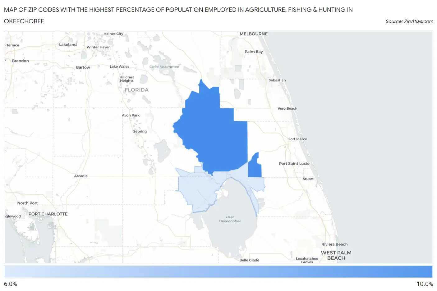 Zip Codes with the Highest Percentage of Population Employed in Agriculture, Fishing & Hunting in Okeechobee Map