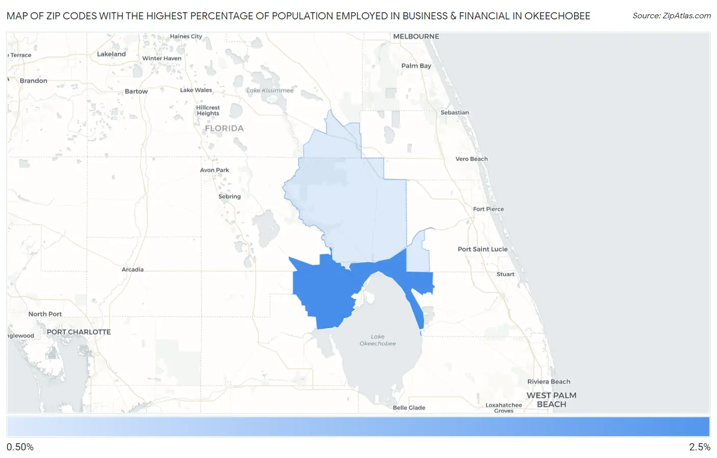 Zip Codes with the Highest Percentage of Population Employed in Business & Financial in Okeechobee Map