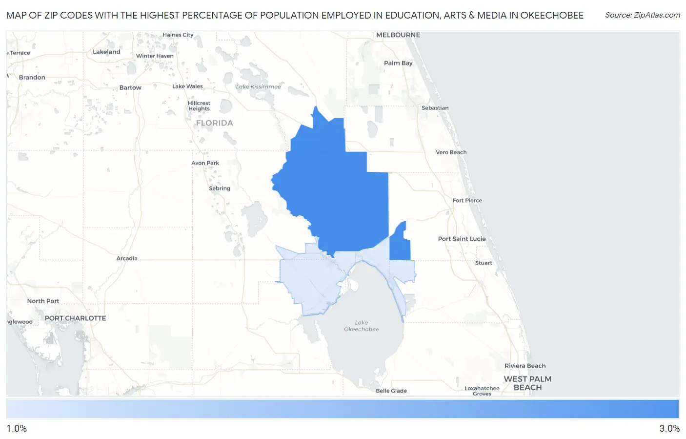 Zip Codes with the Highest Percentage of Population Employed in Education, Arts & Media in Okeechobee Map