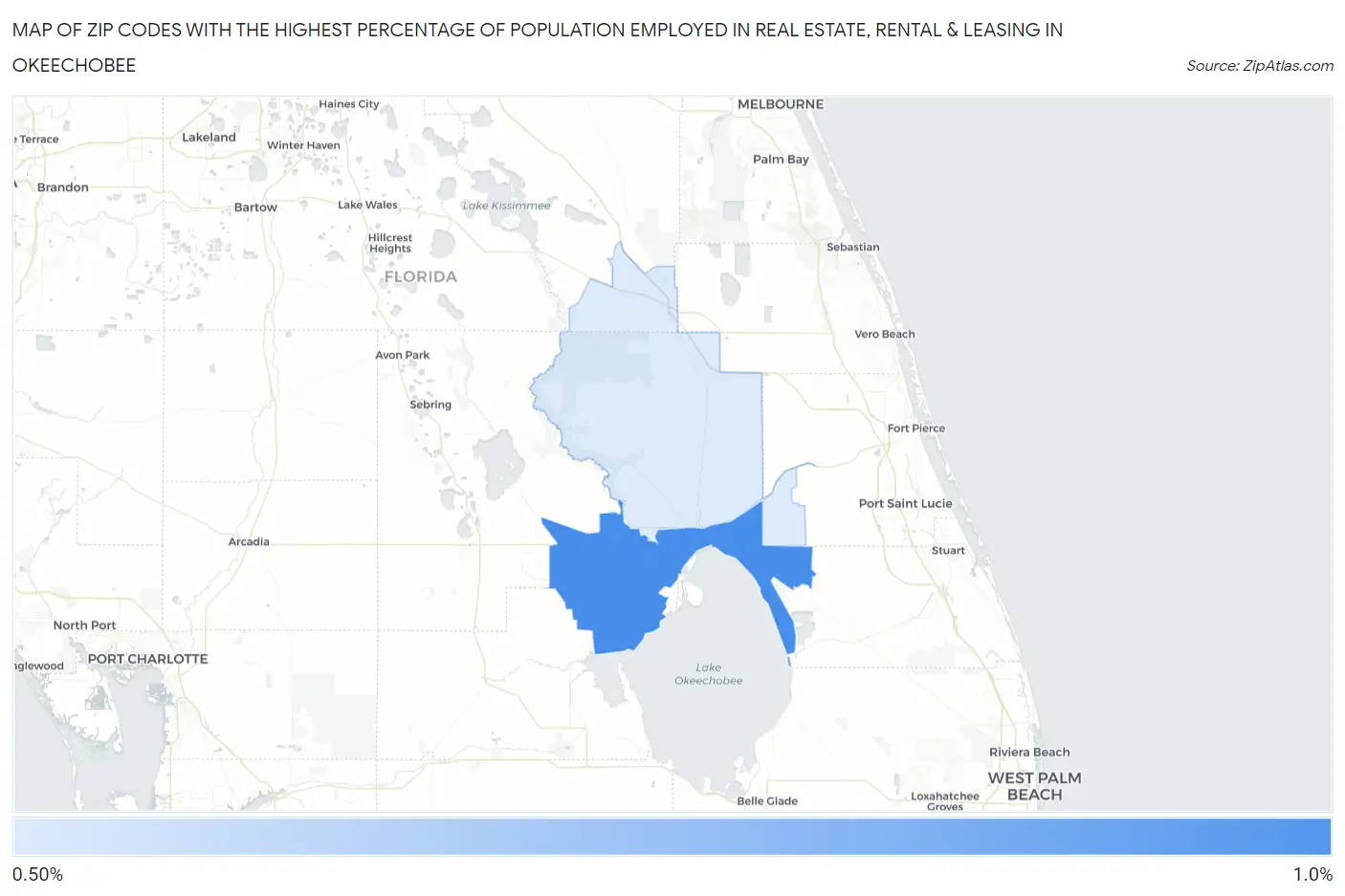 Zip Codes with the Highest Percentage of Population Employed in Real Estate, Rental & Leasing in Okeechobee Map
