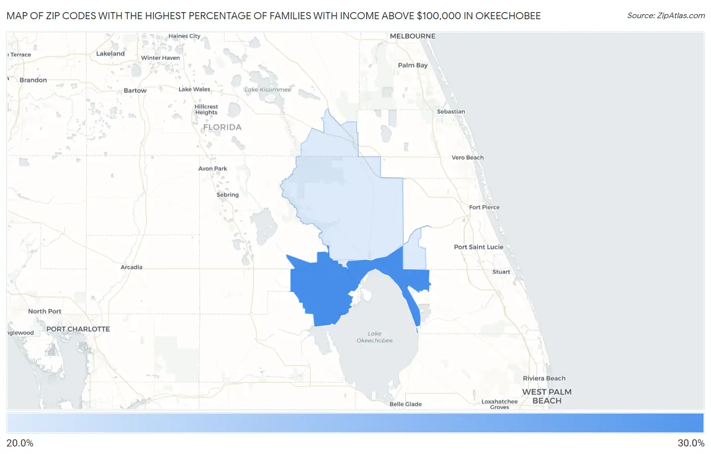 Zip Codes with the Highest Percentage of Families with Income Above $100,000 in Okeechobee Map