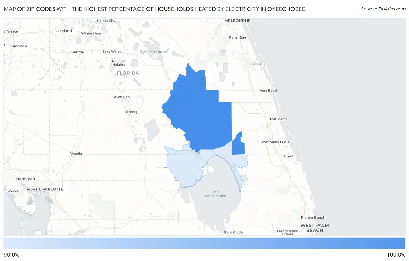 Zip Codes with the Highest Percentage of Households Heated by Electricity in Okeechobee Map