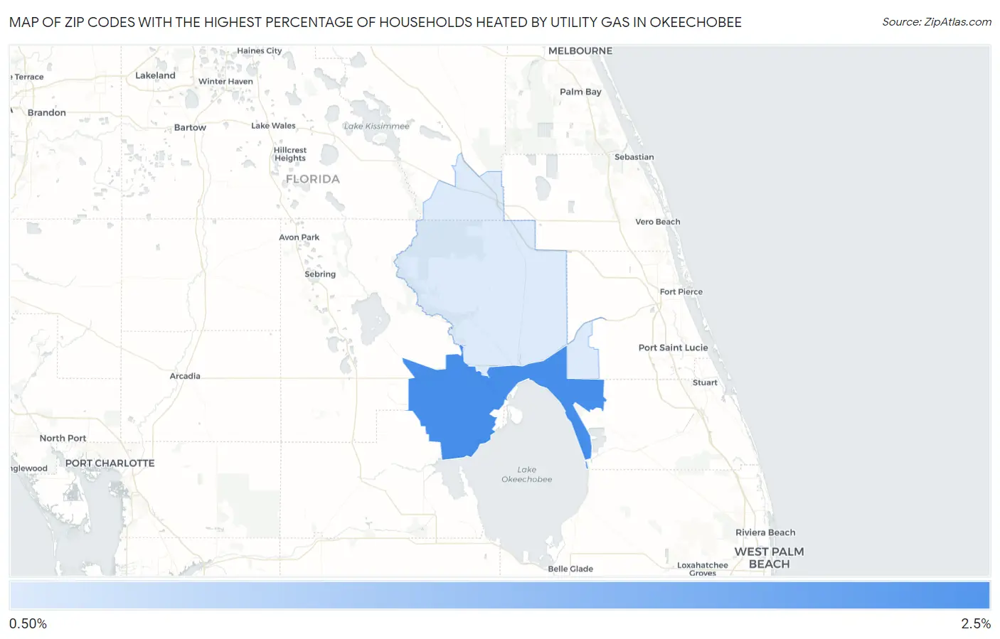 Zip Codes with the Highest Percentage of Households Heated by Utility Gas in Okeechobee Map