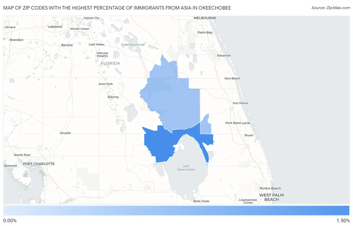 Zip Codes with the Highest Percentage of Immigrants from Asia in Okeechobee Map