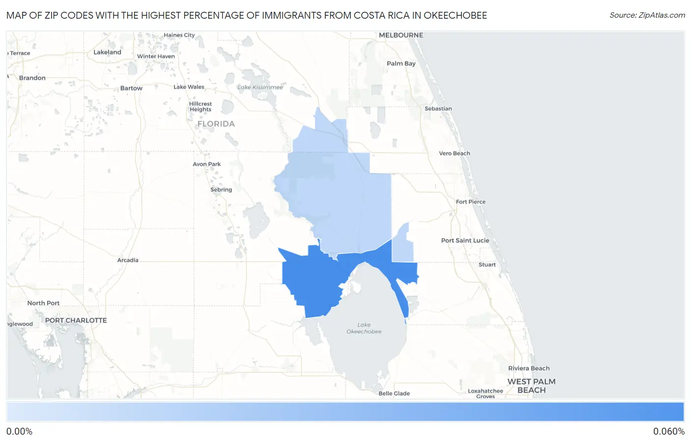 Zip Codes with the Highest Percentage of Immigrants from Costa Rica in Okeechobee Map