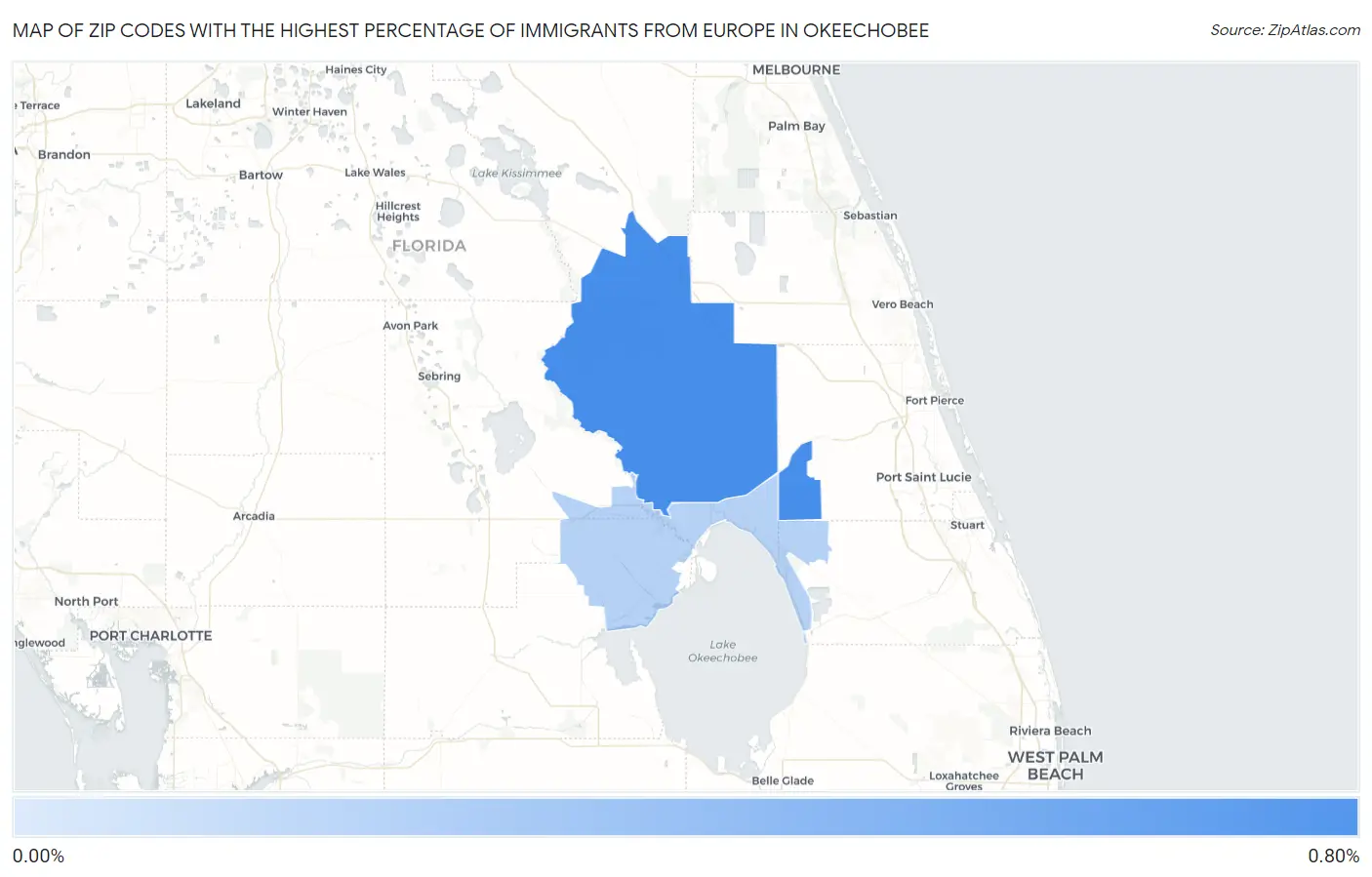 Zip Codes with the Highest Percentage of Immigrants from Europe in Okeechobee Map