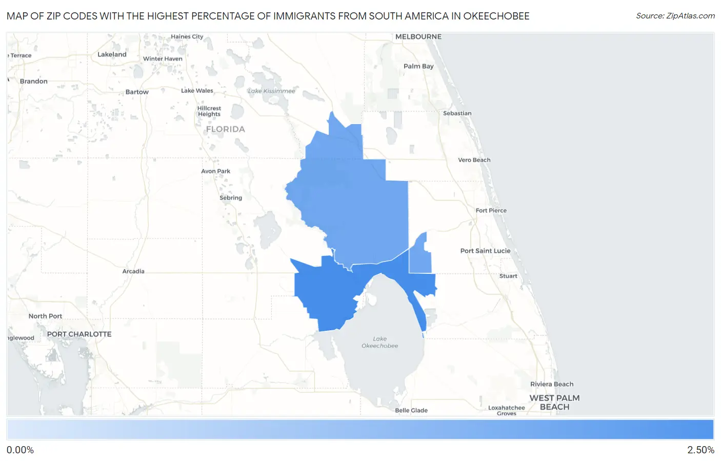 Zip Codes with the Highest Percentage of Immigrants from South America in Okeechobee Map