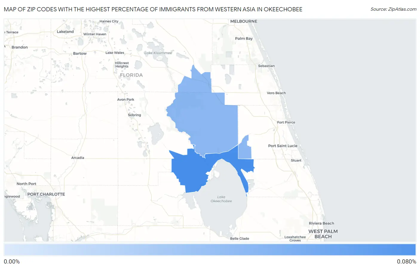 Zip Codes with the Highest Percentage of Immigrants from Western Asia in Okeechobee Map