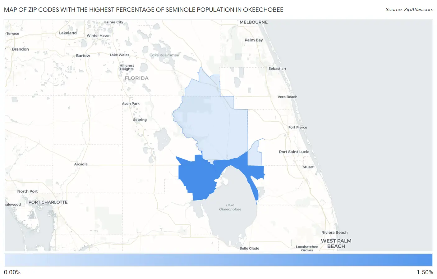 Zip Codes with the Highest Percentage of Seminole Population in Okeechobee Map