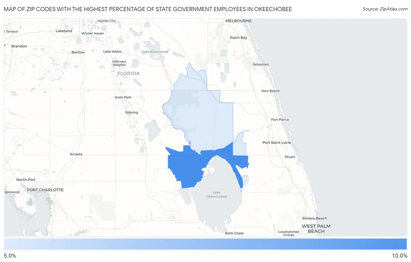Zip Codes with the Highest Percentage of State Government Employees in Okeechobee Map