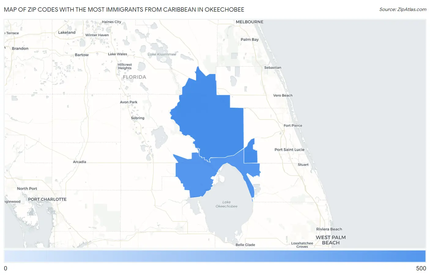 Zip Codes with the Most Immigrants from Caribbean in Okeechobee Map