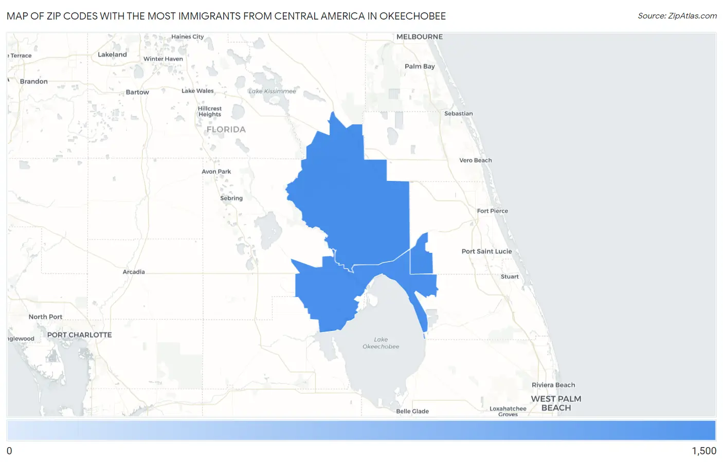 Zip Codes with the Most Immigrants from Central America in Okeechobee Map