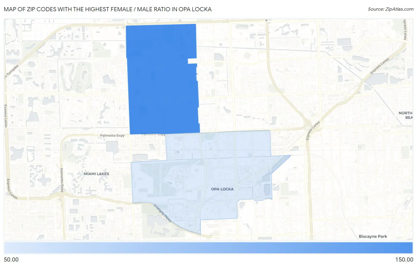 Zip Codes with the Highest Female / Male Ratio in Opa Locka Map