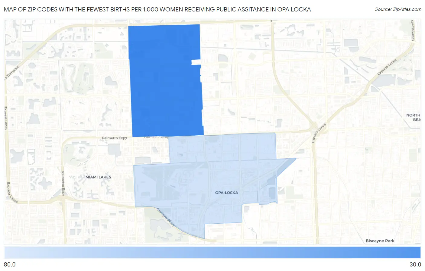 Zip Codes with the Fewest Births per 1,000 Women Receiving Public Assitance in Opa Locka Map