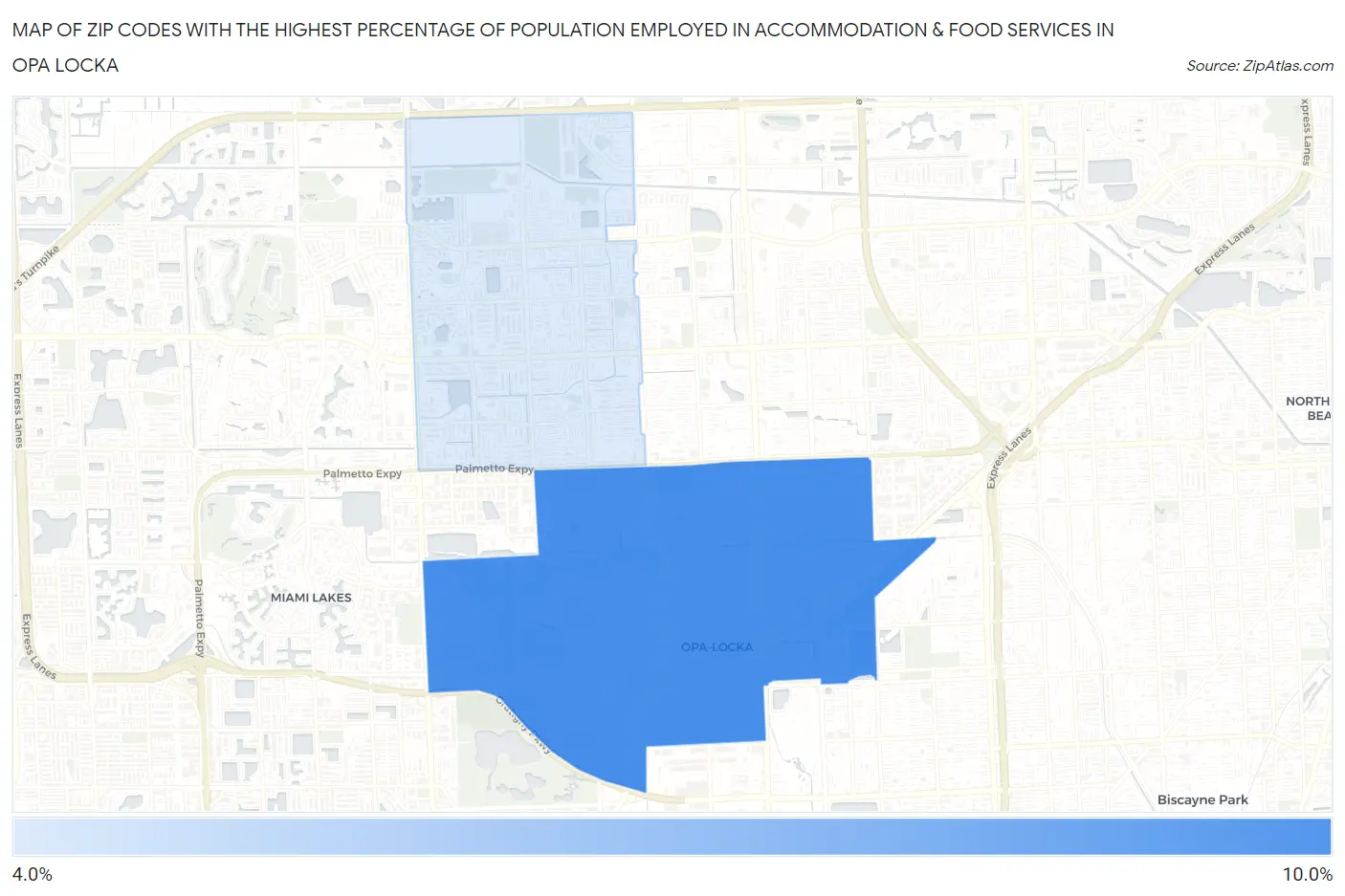 Zip Codes with the Highest Percentage of Population Employed in Accommodation & Food Services in Opa Locka Map
