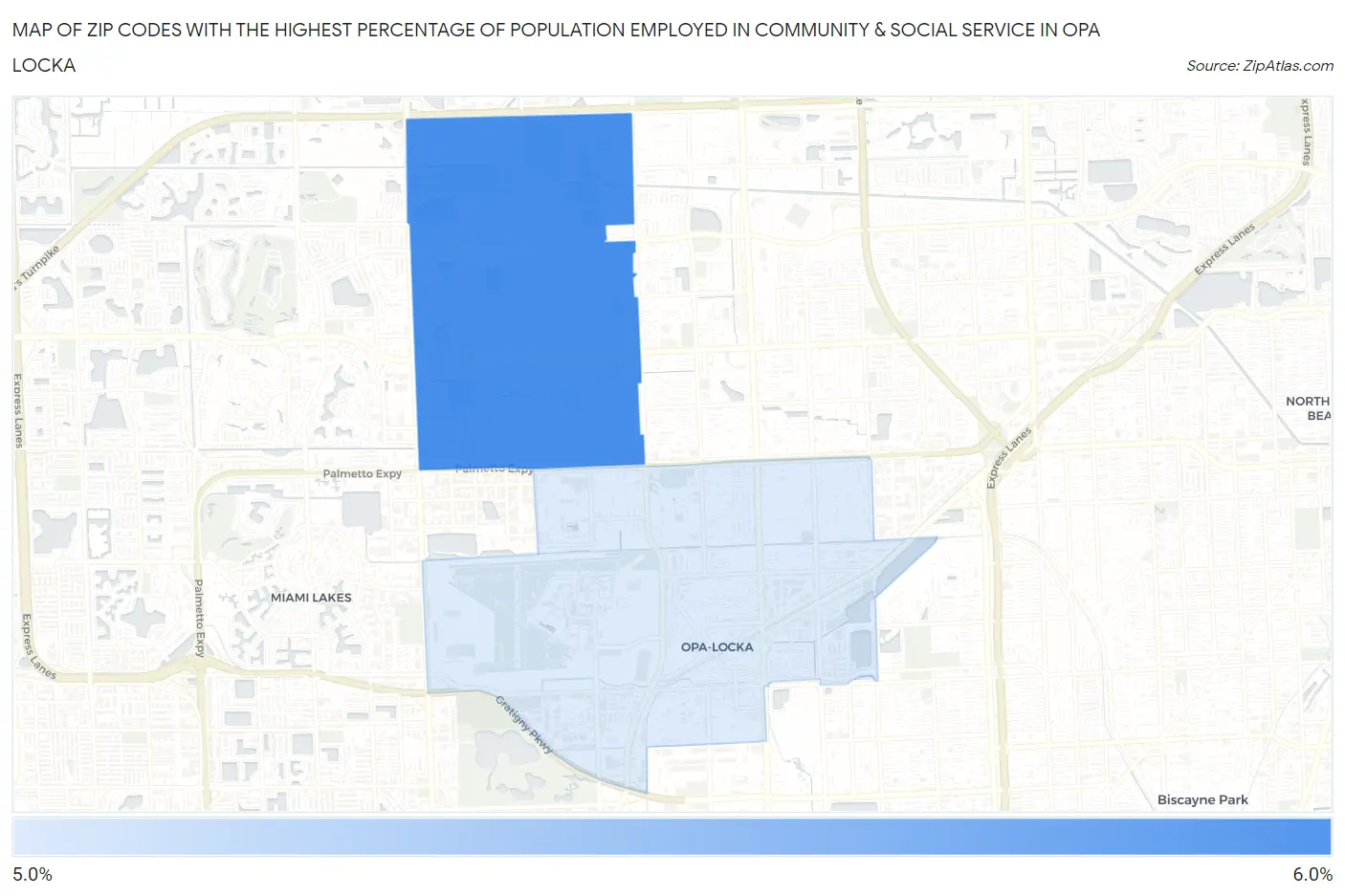Zip Codes with the Highest Percentage of Population Employed in Community & Social Service  in Opa Locka Map