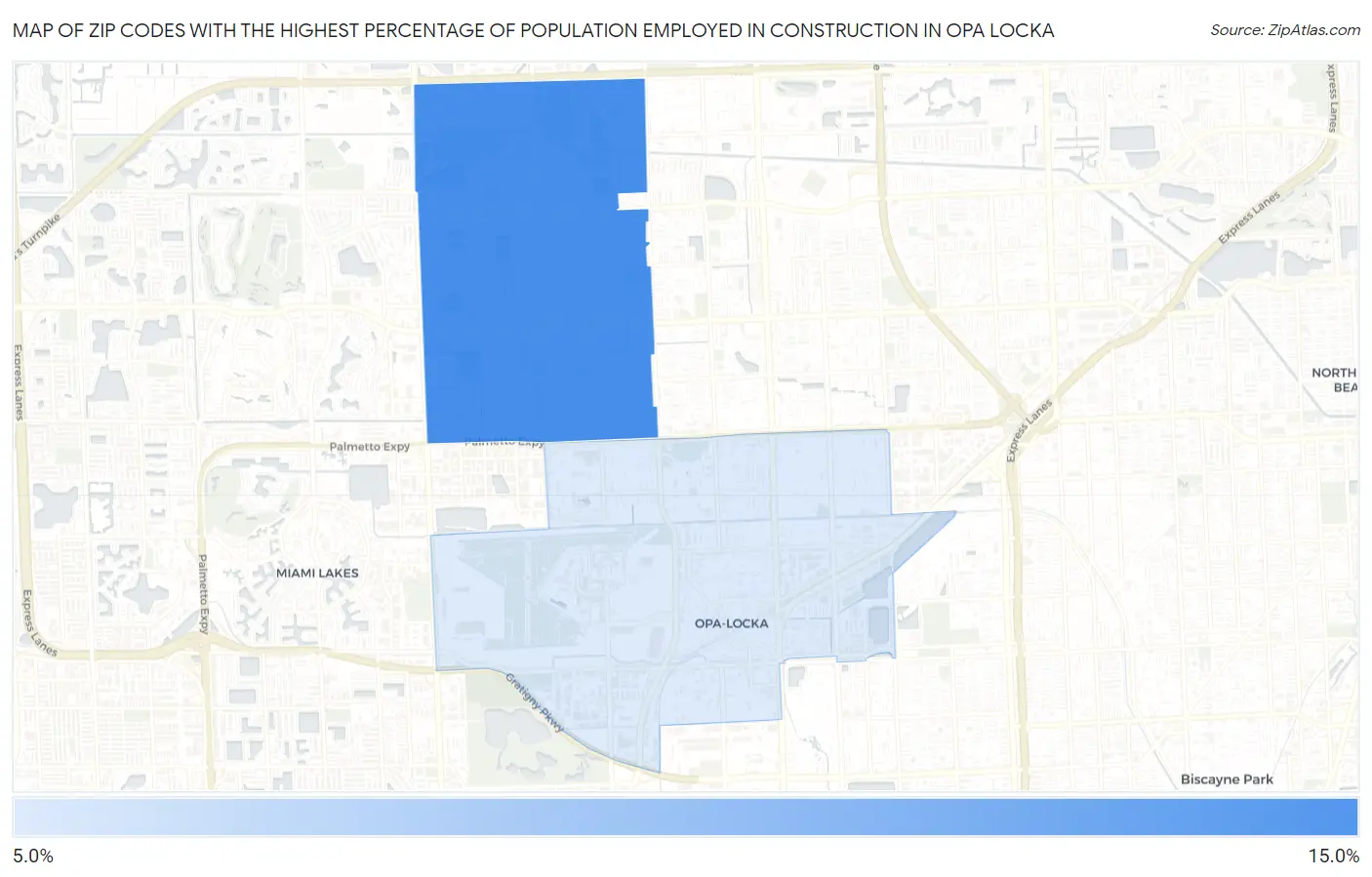 Zip Codes with the Highest Percentage of Population Employed in Construction in Opa Locka Map