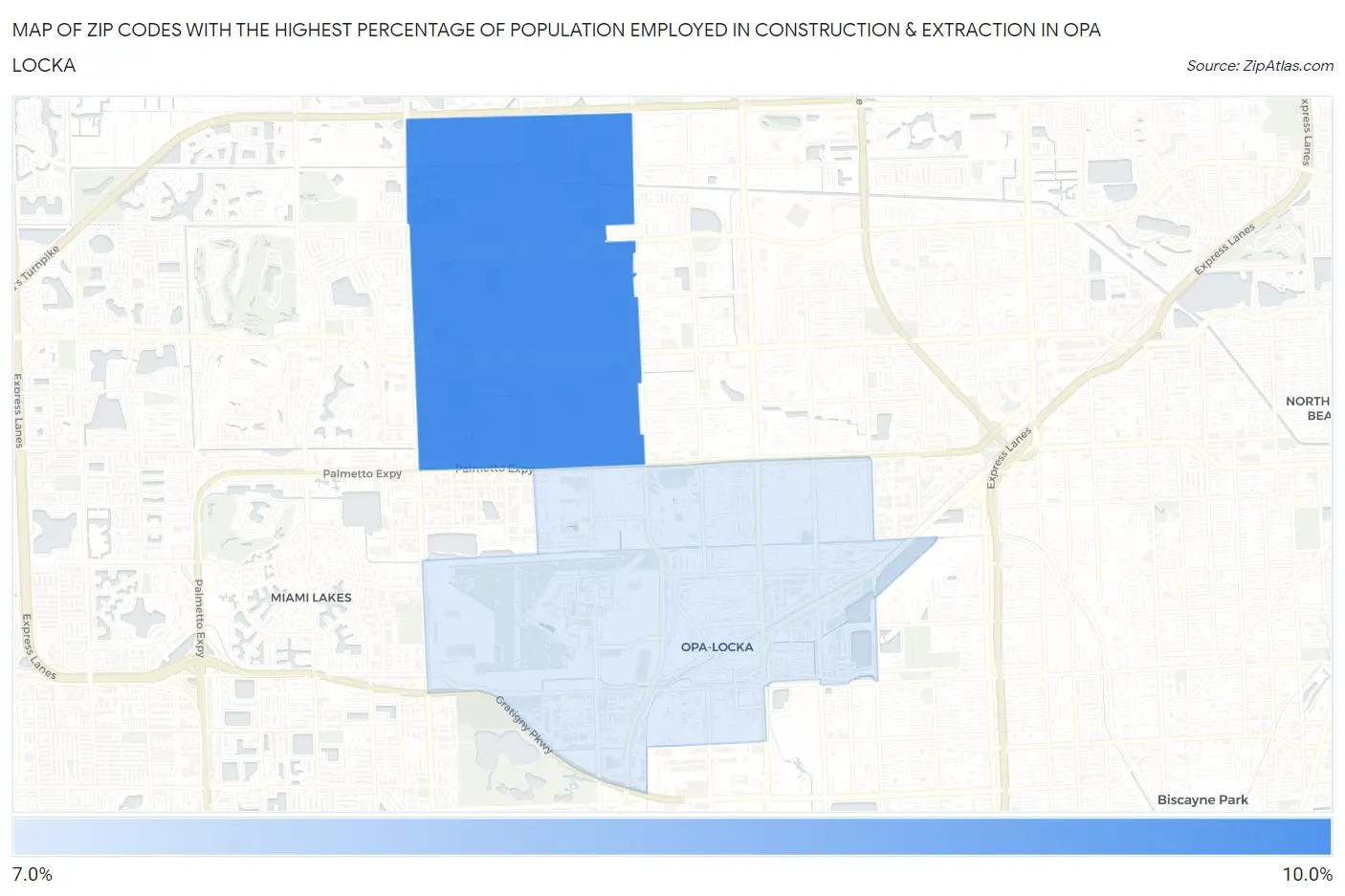 Zip Codes with the Highest Percentage of Population Employed in Construction & Extraction in Opa Locka Map