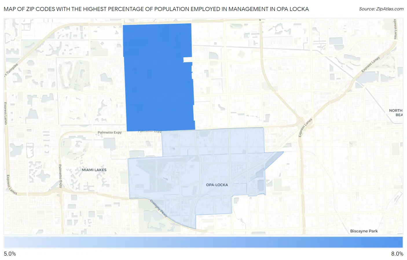 Zip Codes with the Highest Percentage of Population Employed in Management in Opa Locka Map