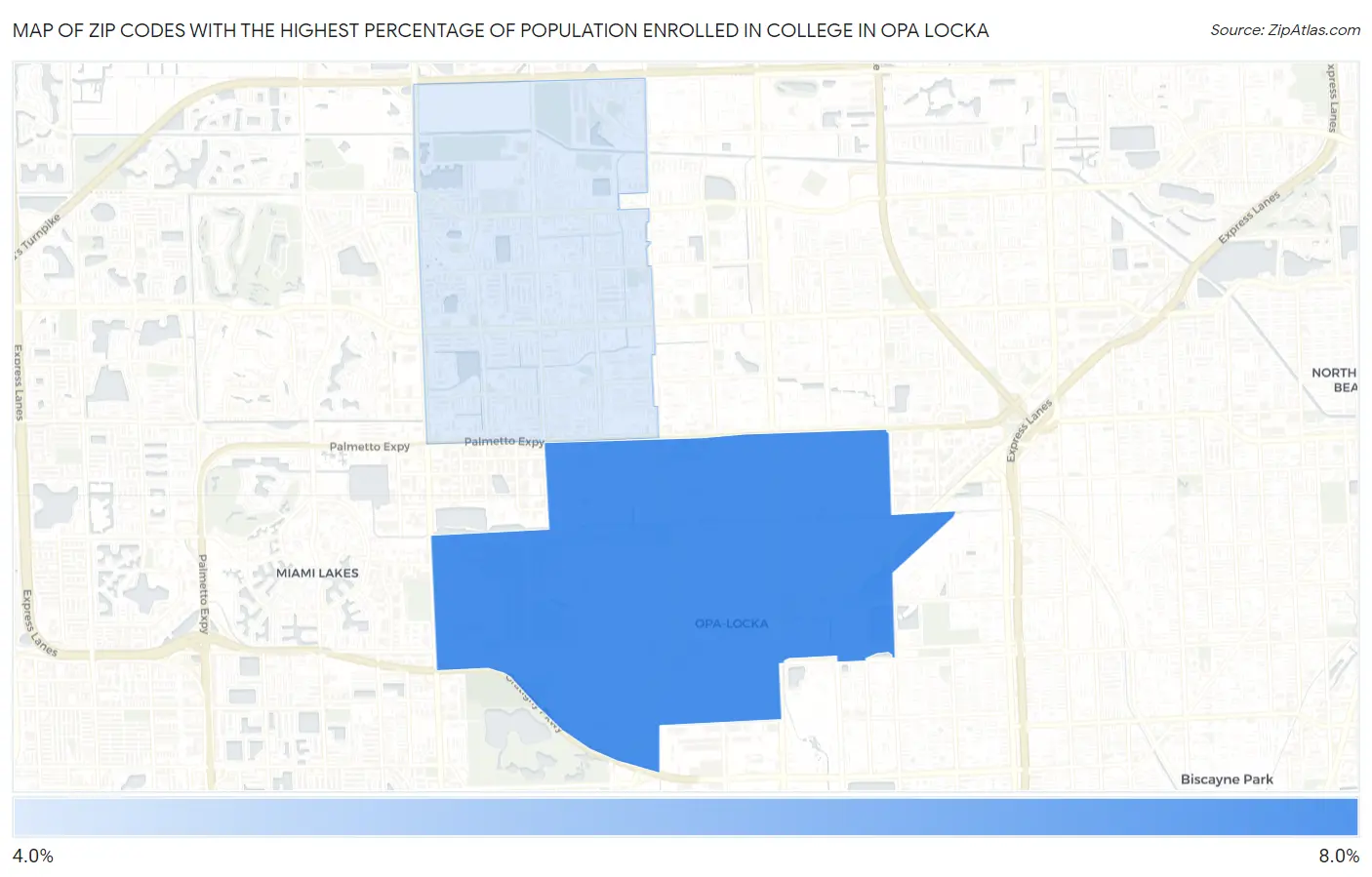 Zip Codes with the Highest Percentage of Population Enrolled in College in Opa Locka Map
